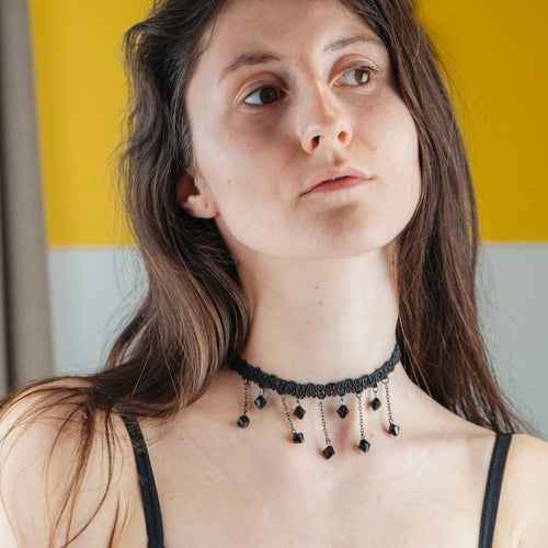 Black Beaded Lace Victorian Gothic Emo Halloween Dangle Choker