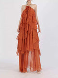 Ruffled Chiffon Halter Neck Maxi Dress