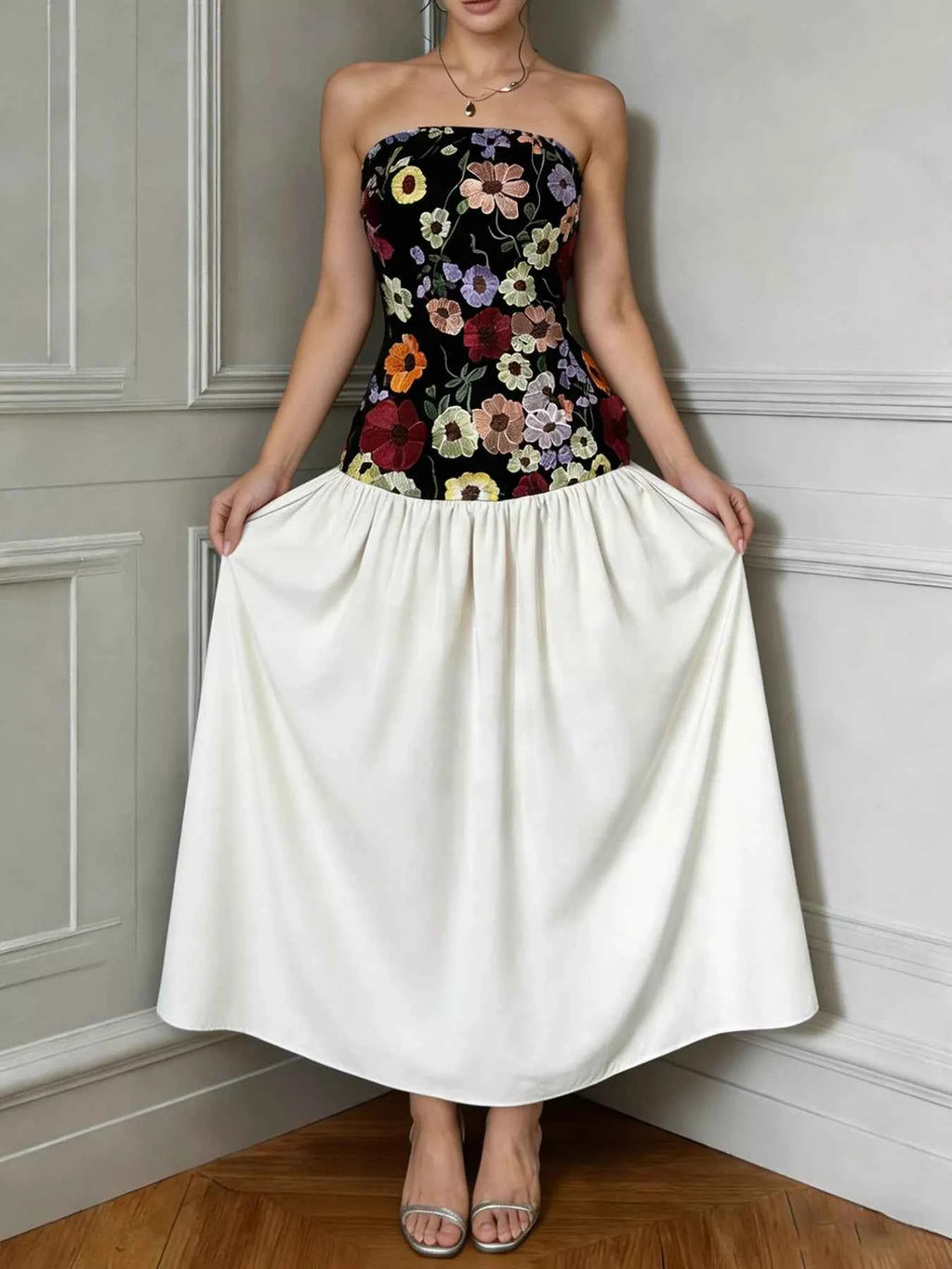 Floral Embroidered Tube Maxi Dress