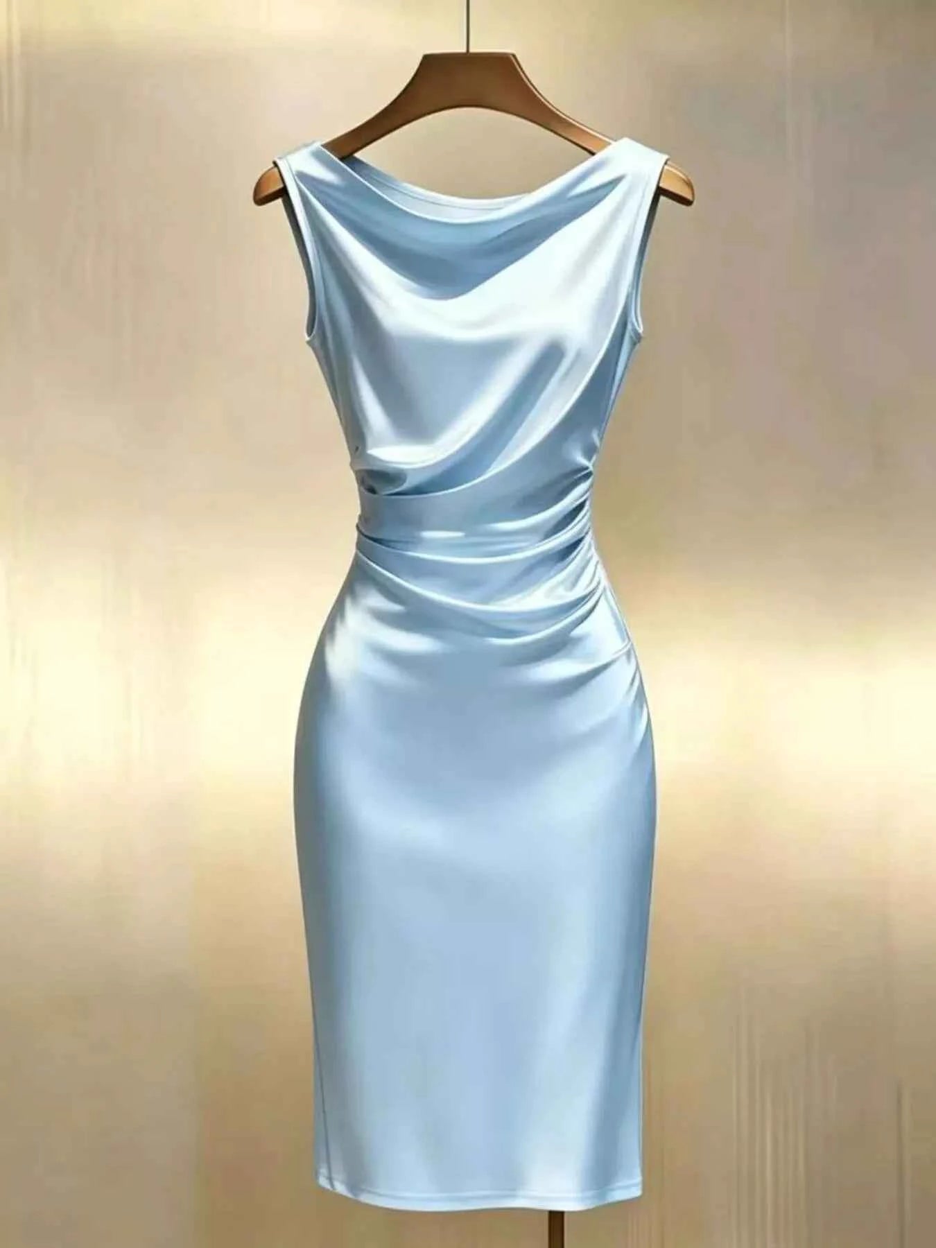 Satin Cowl Neck Ruched Sleeveless Dress