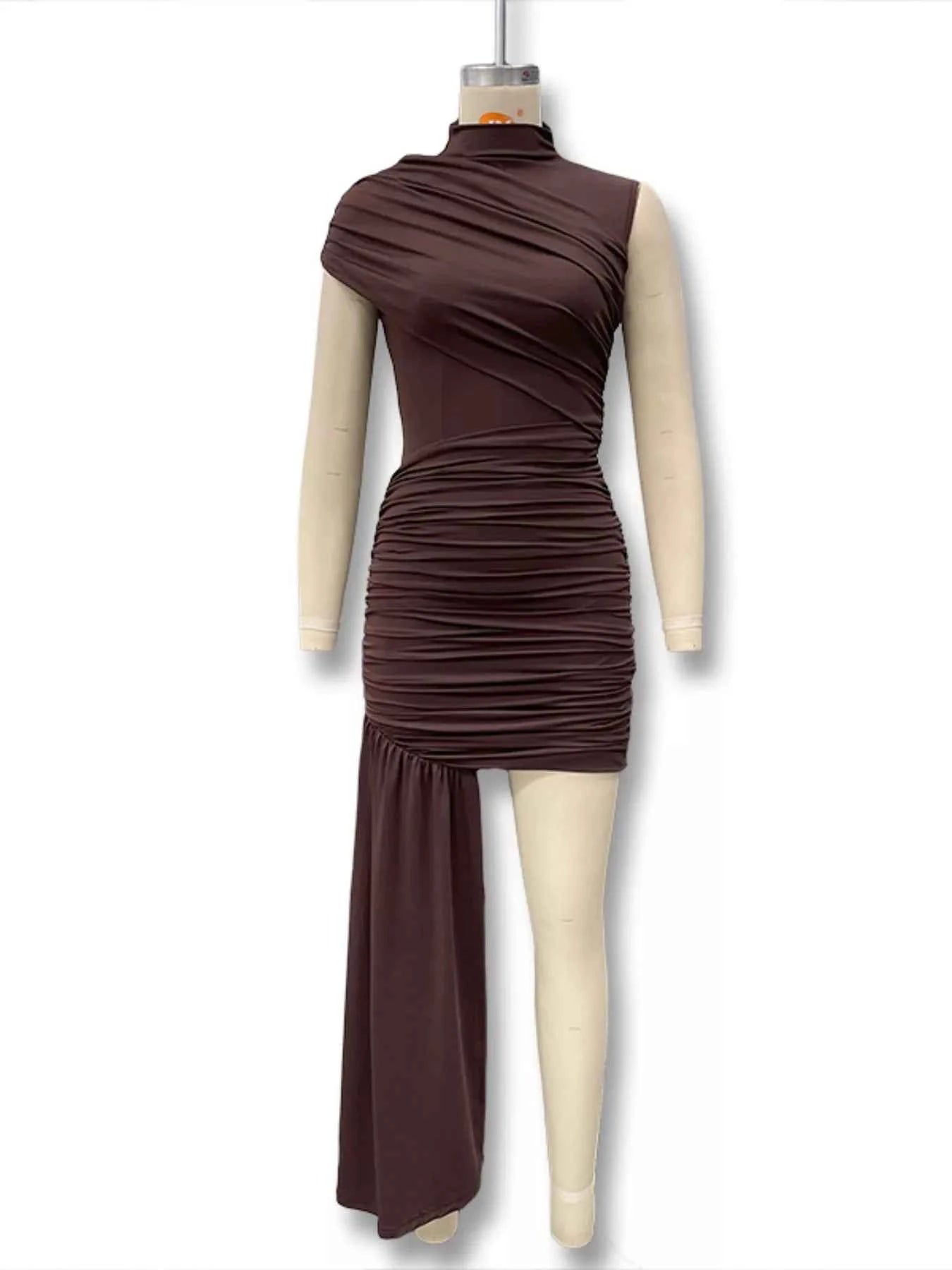 Ruched Asymmetrical Mock Neck Dress