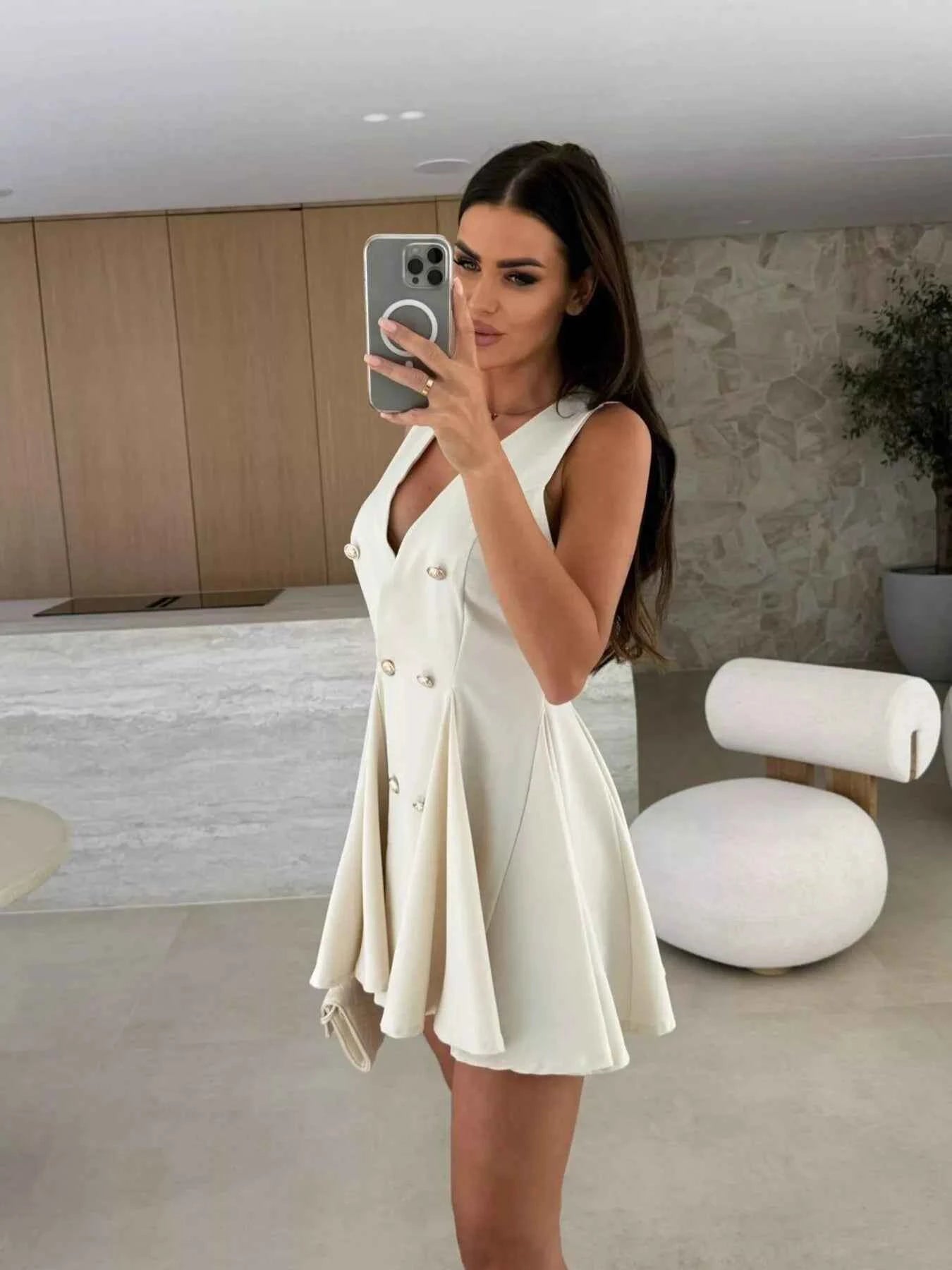 Double-Breasted V-Neck Mini Dress