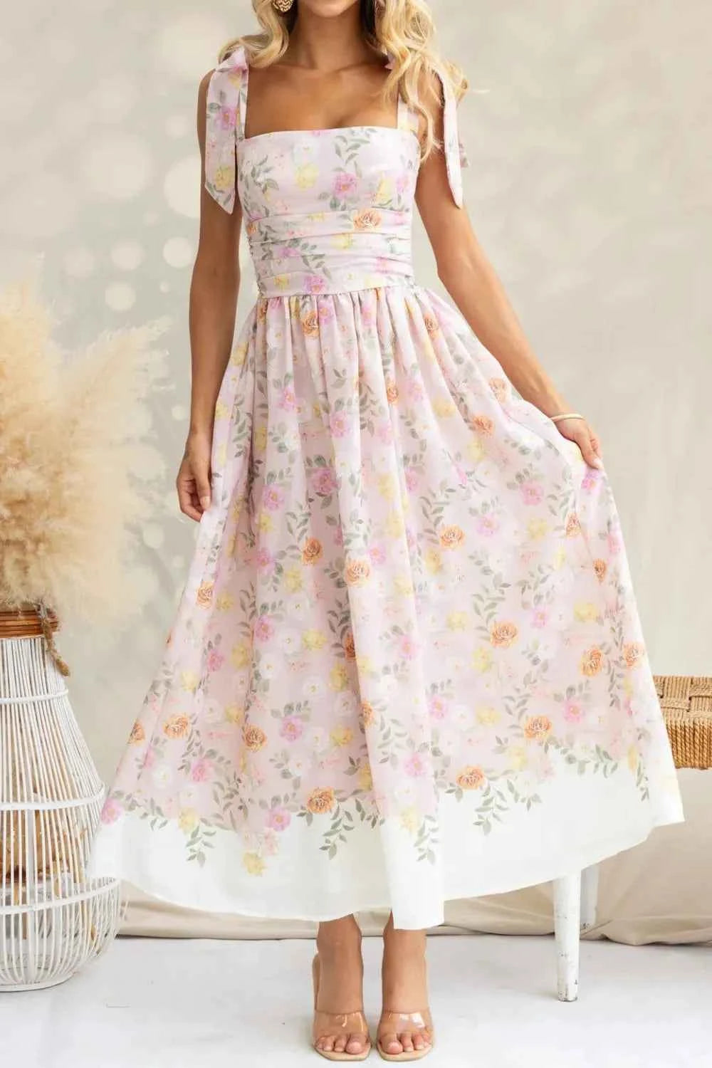 Printed Tie Shoulder Midi Cami Dress