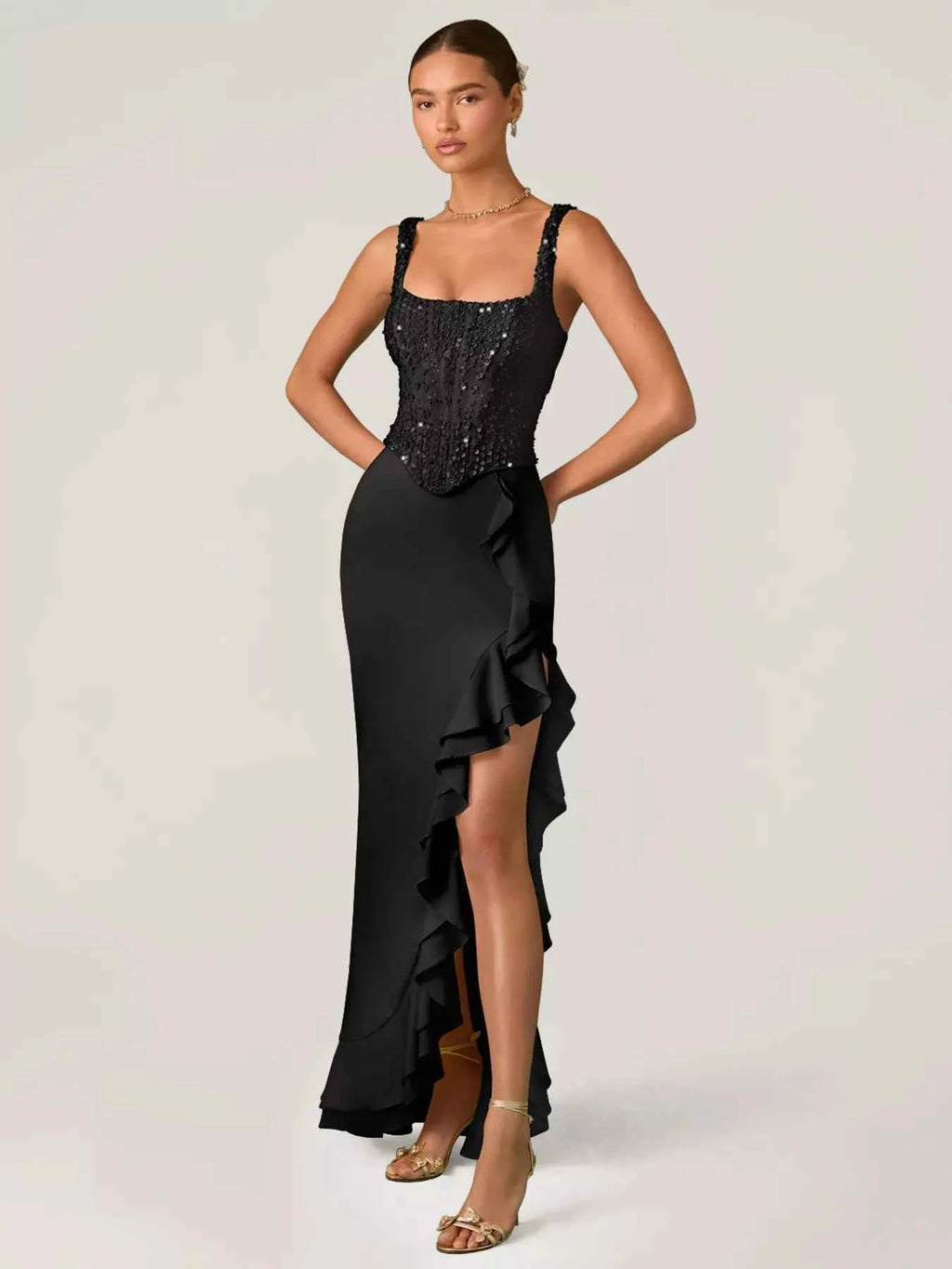 Sequin Ruffle Hem Maxi Dress