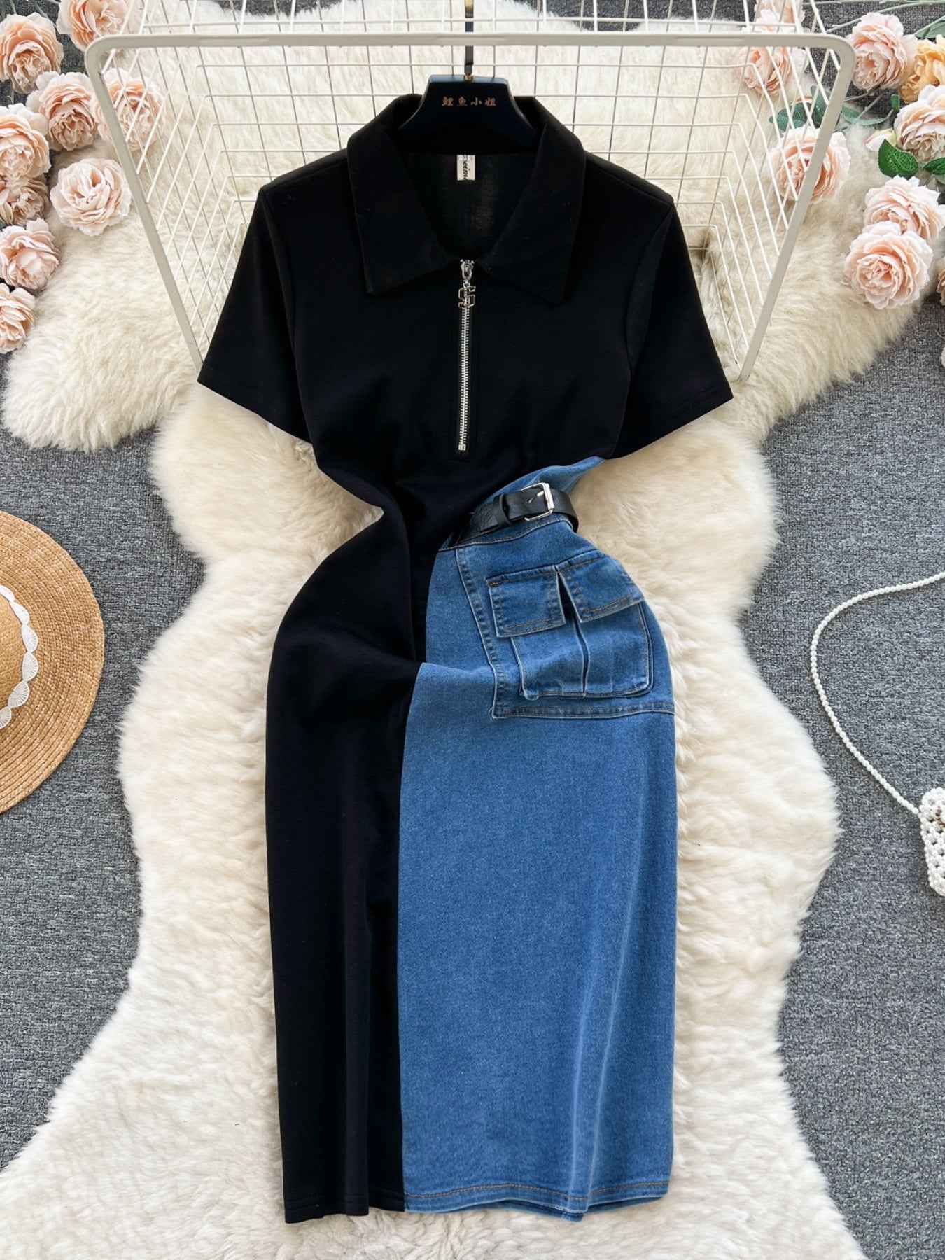 Full Size Color Block Denim Patchwork Short Sleeve Midi Dress Plus Size