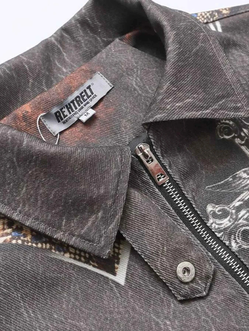 Men's Gothic Cross Print Distressed Denim Jacket