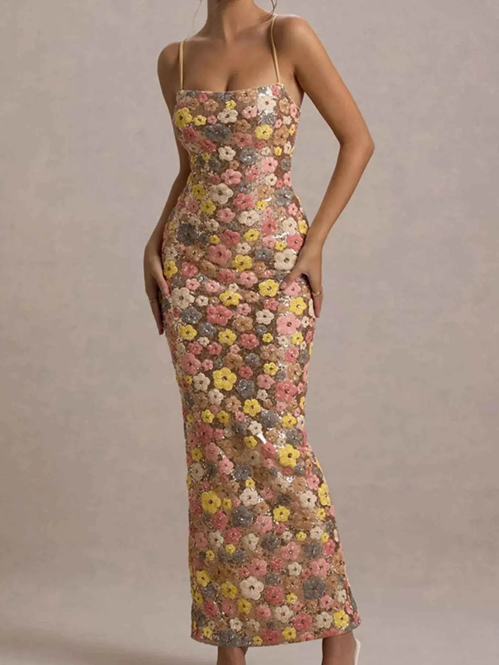 Floral Sequin Embellished Bodycon Maxi Dress