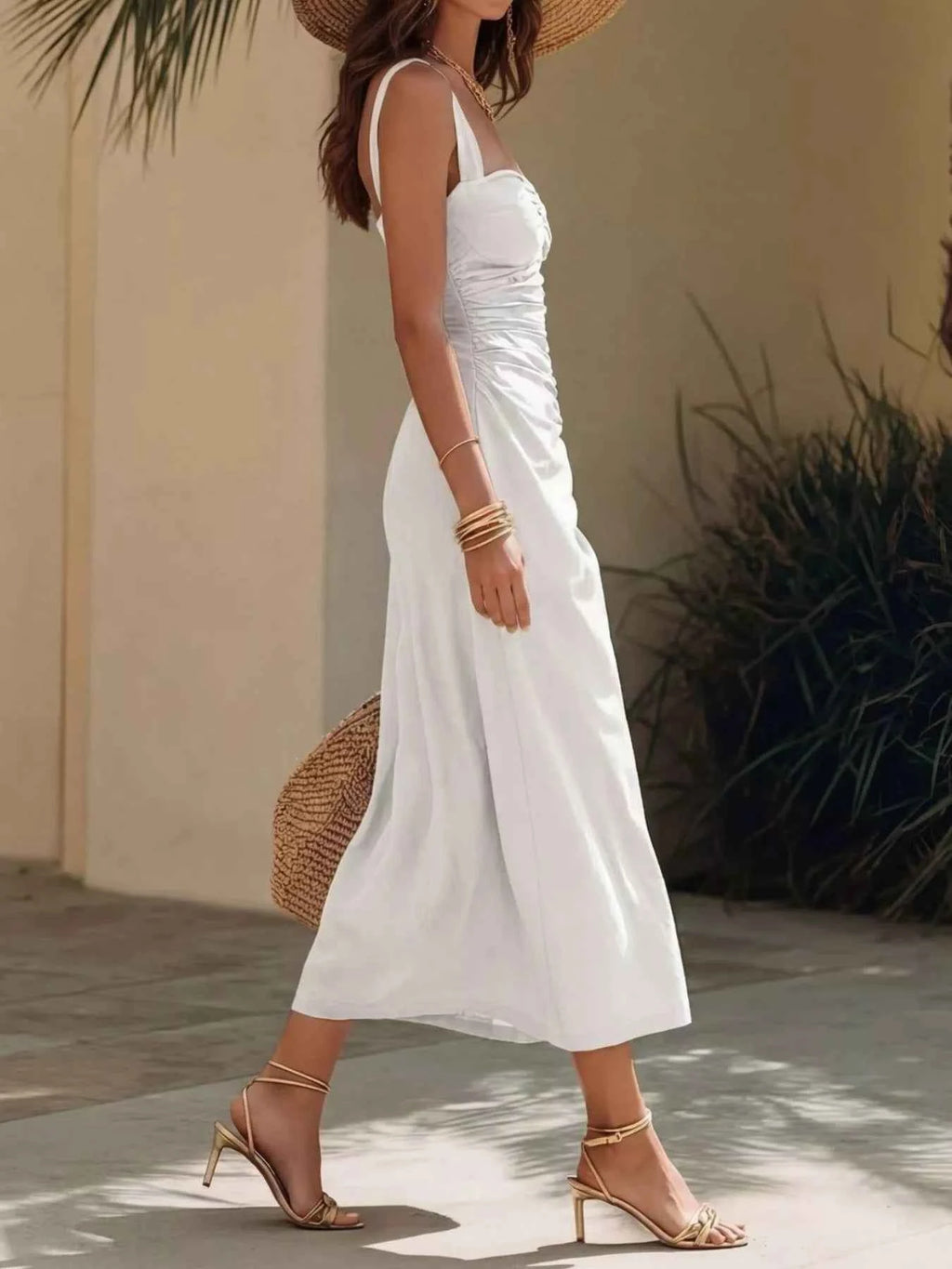 Ruched Sweetheart Neck Midi Dress