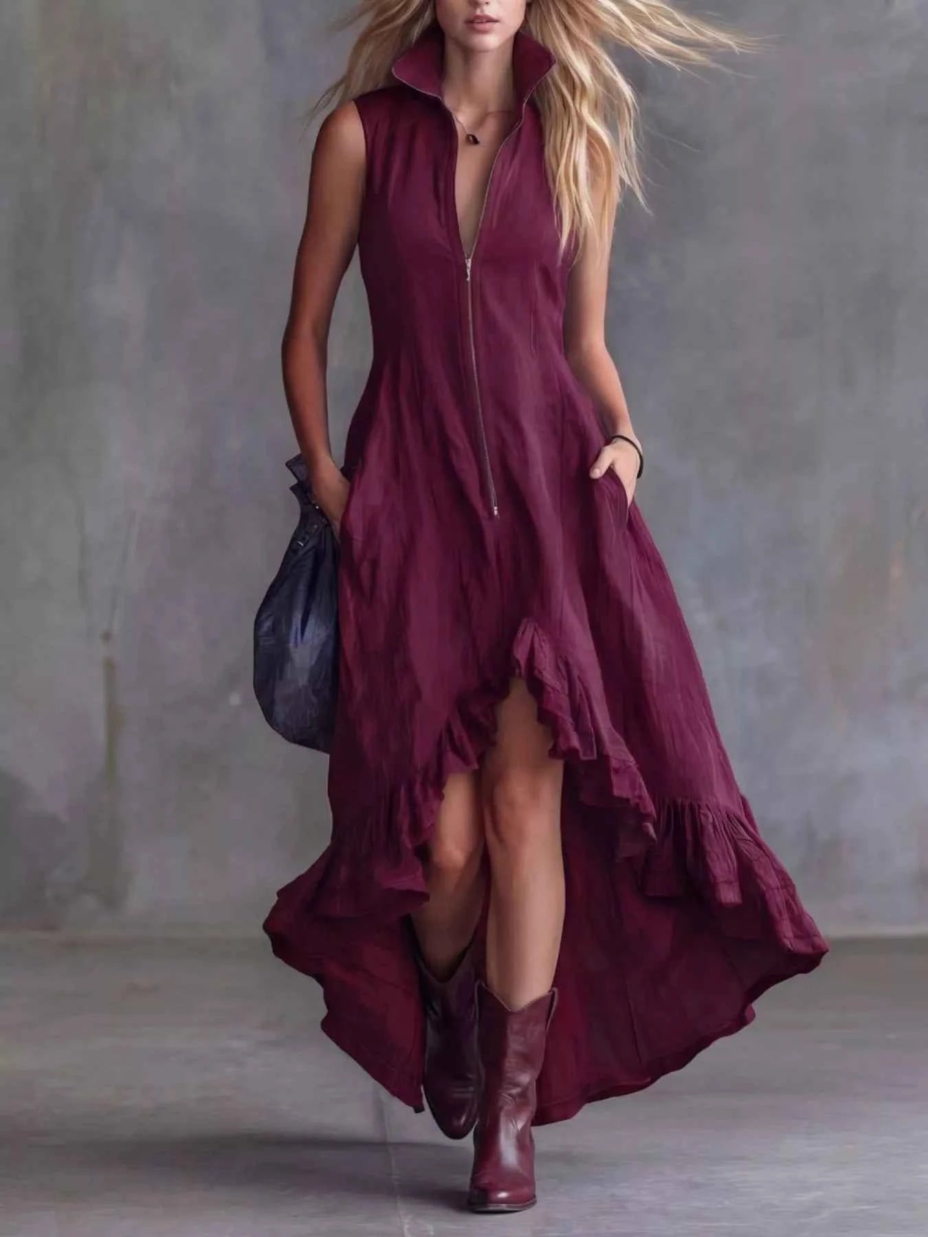 Full Size High-Low Ruffled Zip Front Dress Plus Size