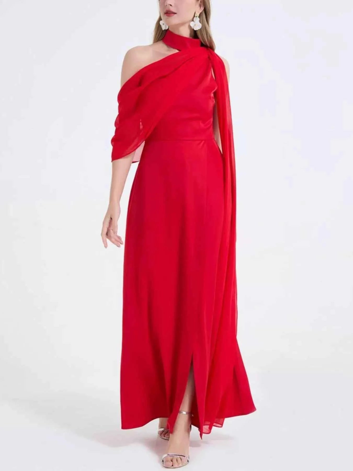 Asymmetrical Neck High Slit Maxi Dress