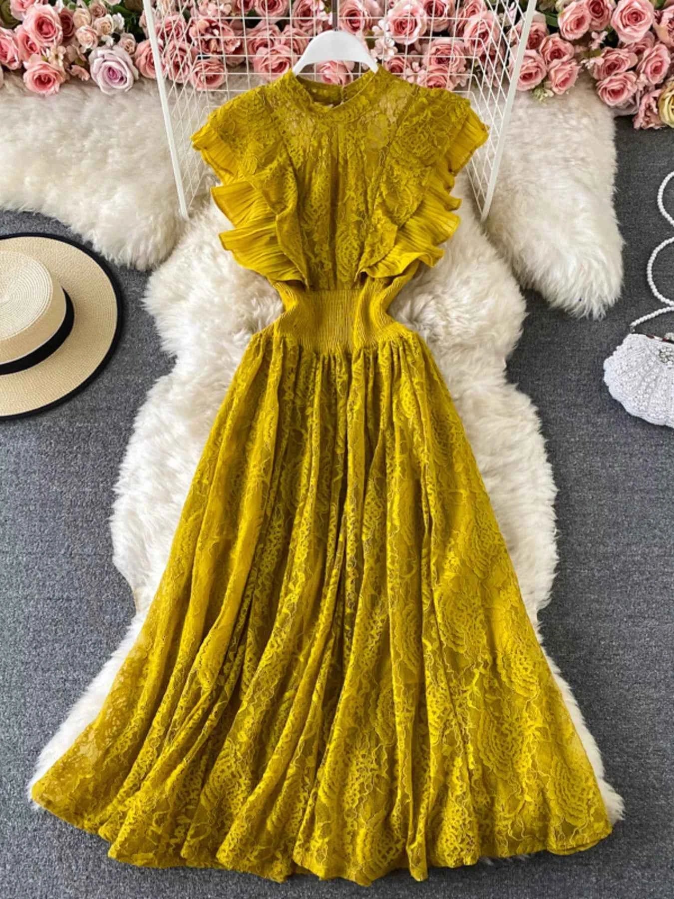 Ruffled Mock Neck Lace Maxi Dress