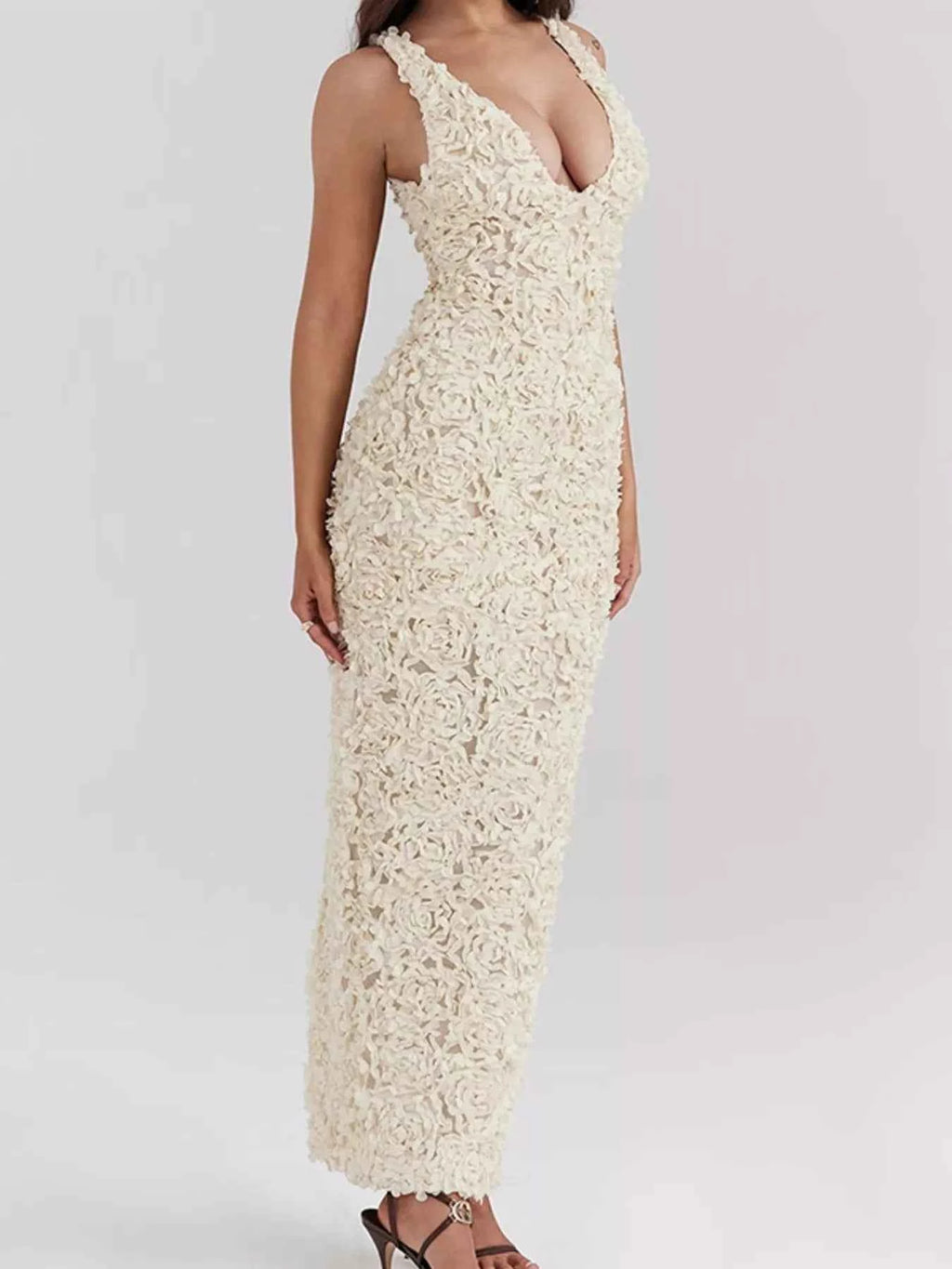 Floral Applique Deep V-Neck Maxi Dress