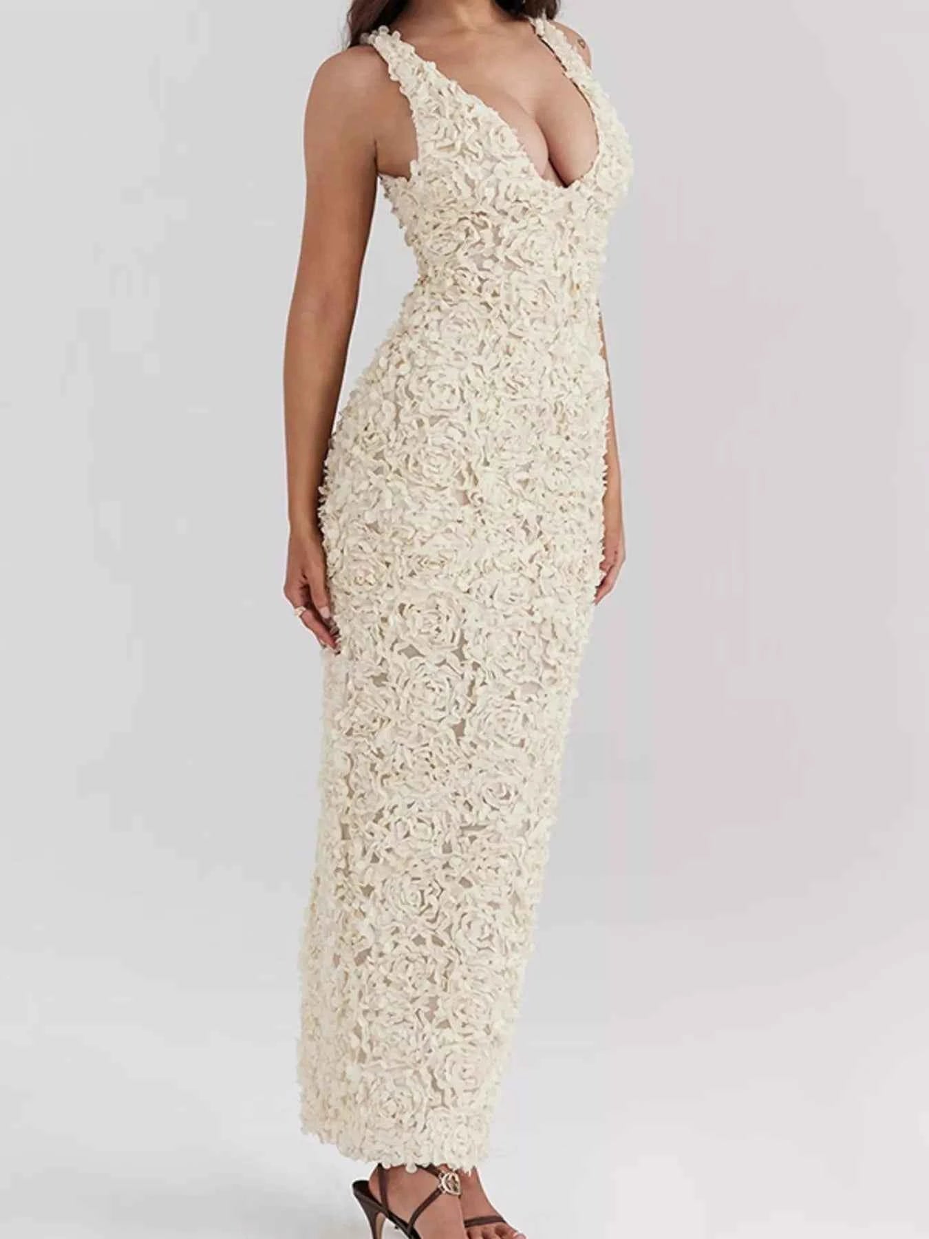Floral Applique Deep V-Neck Maxi Dress