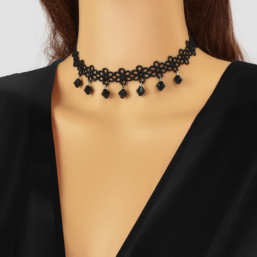 Gothic Hollow Black Flower Lace Tattoo Choker Necklace for Women Cosplay Party Jewelry