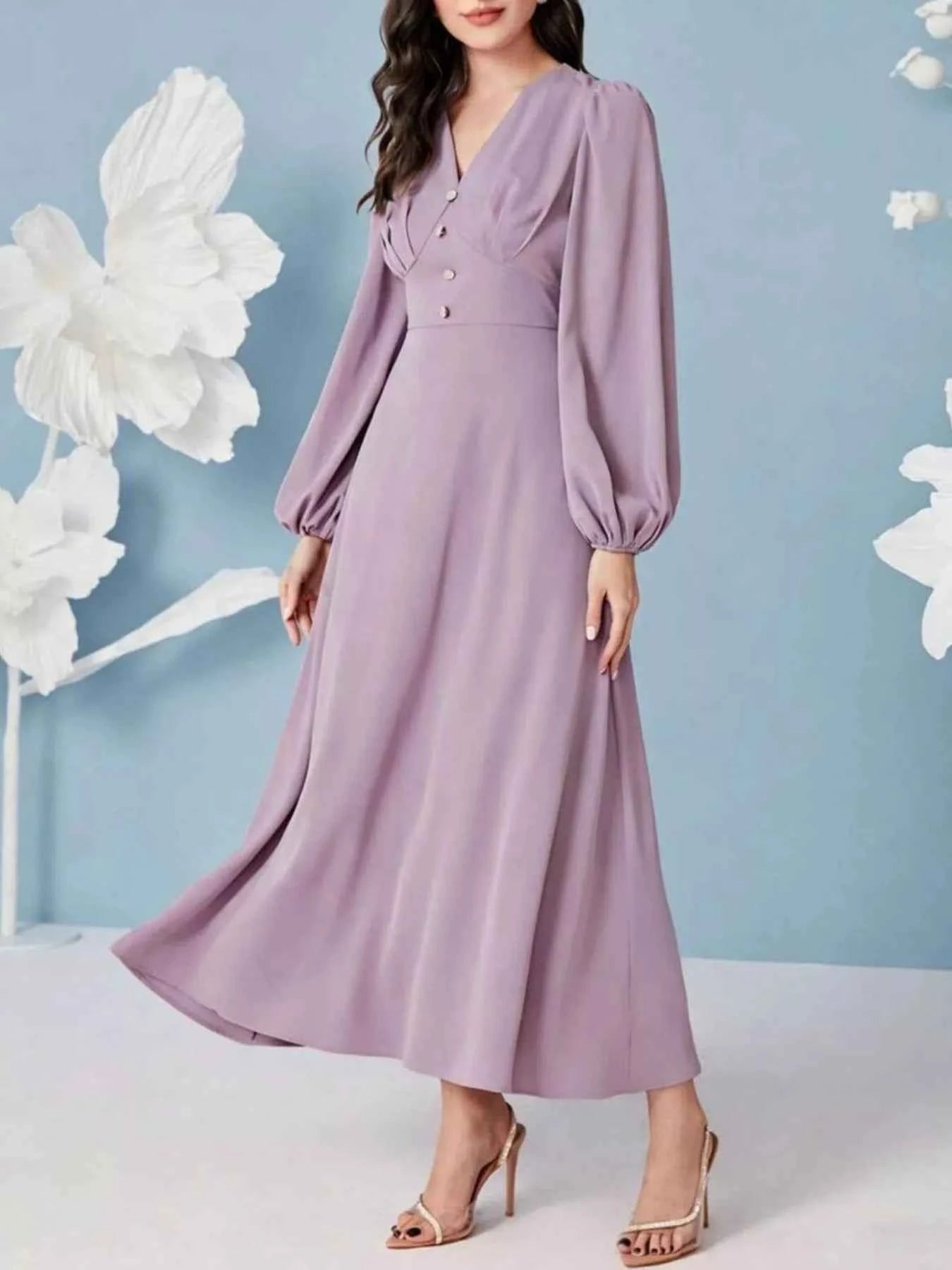 V-Neck Balloon Sleeve Maxi Dress