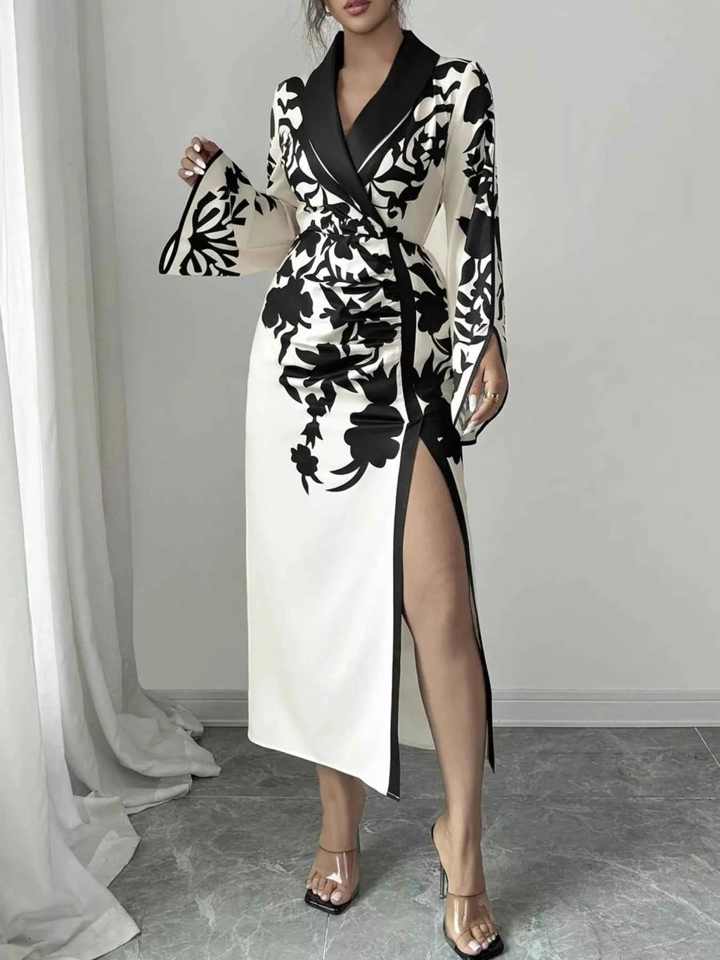 Slit Long Sleeve Wrap Midi Dress