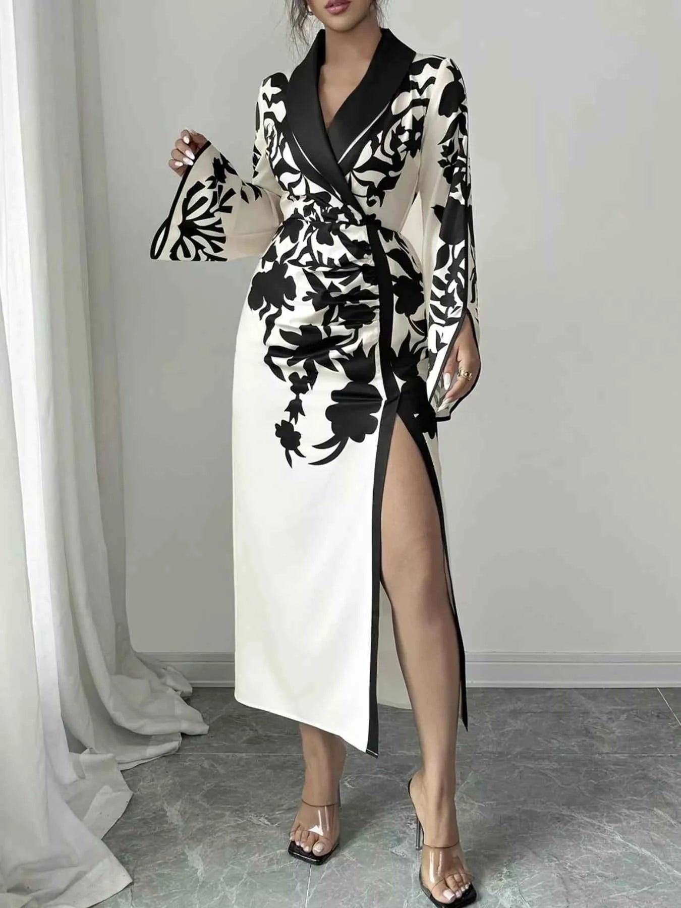 Slit Long Sleeve Wrap Midi Dress