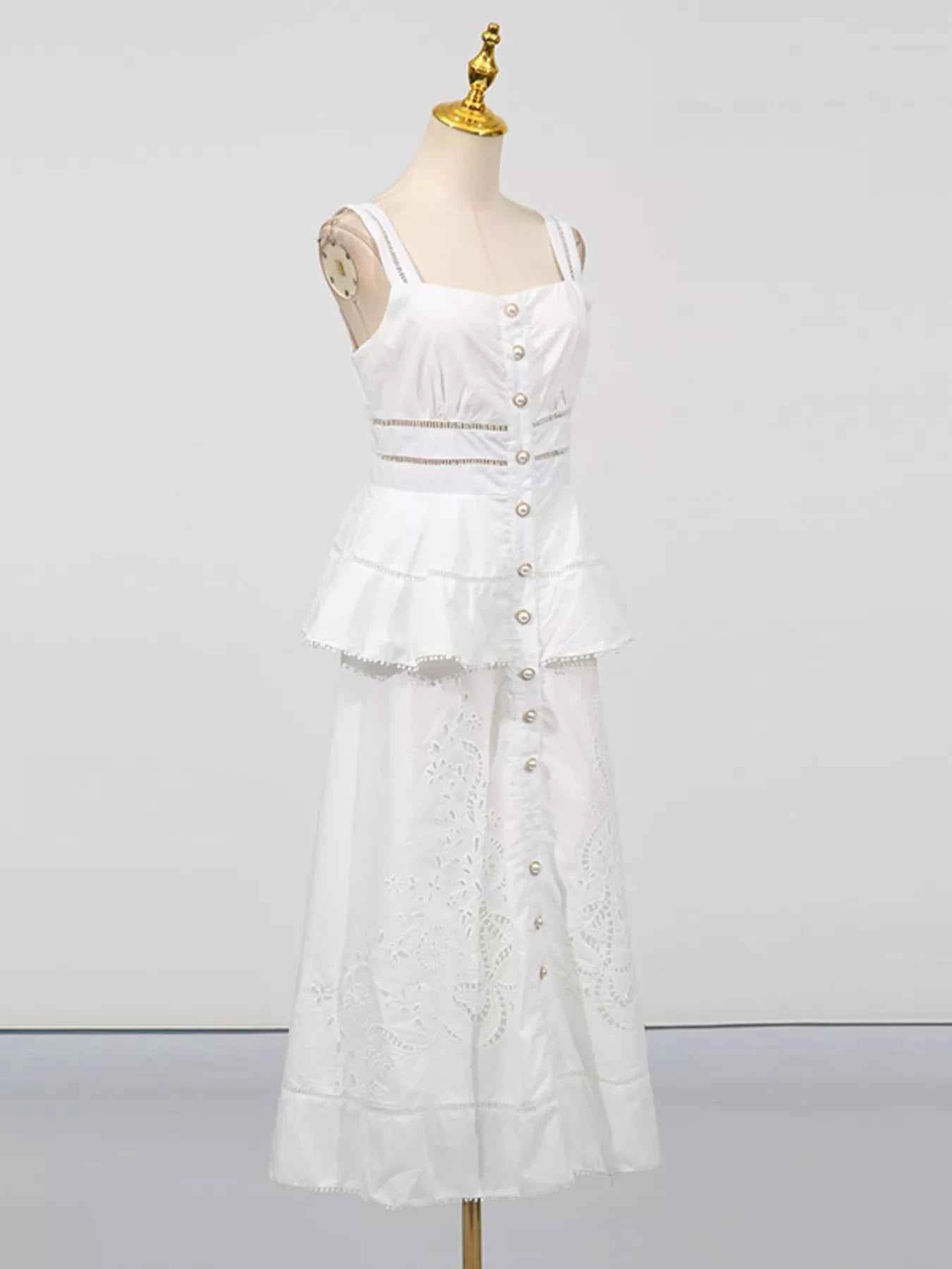 Sleeveless Eyelet Embroidered Button-Down Midi Dress