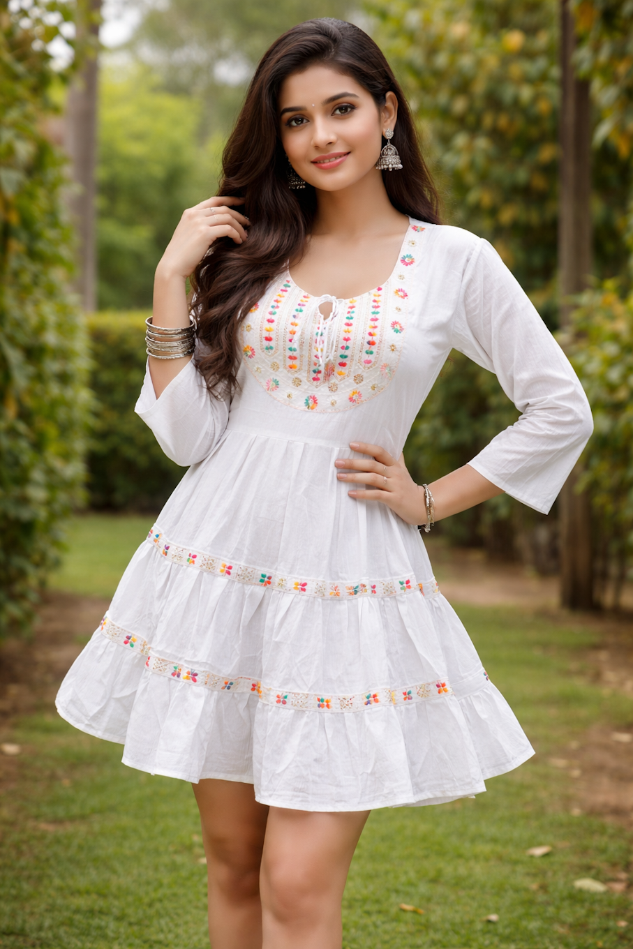 White Tiered Mini Dress with Colorful Embroidery